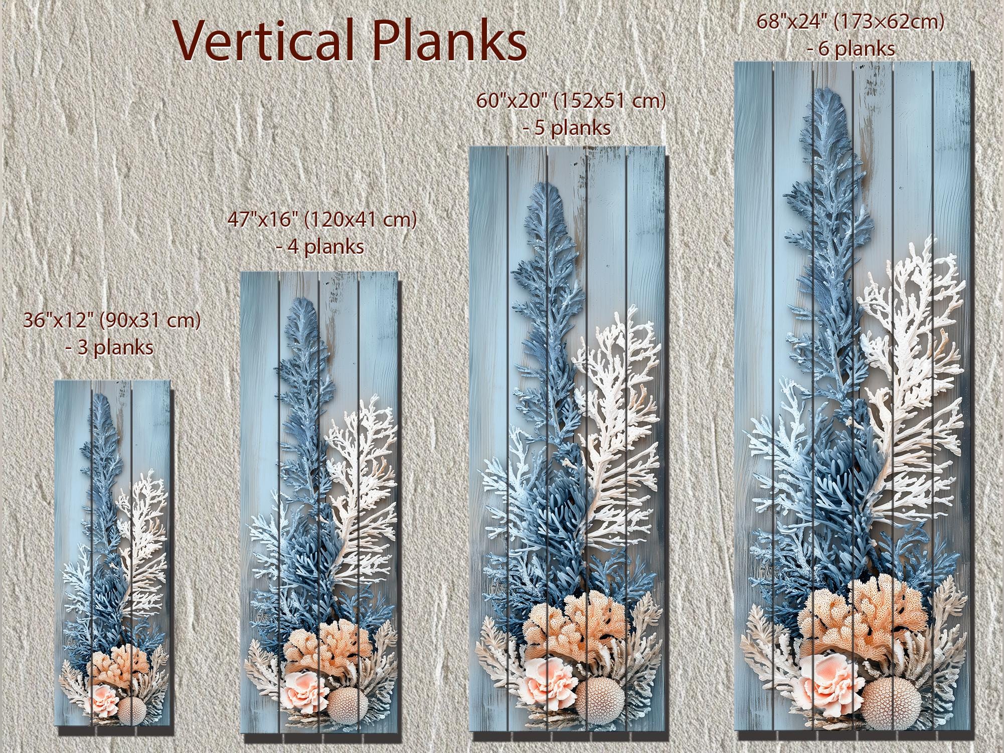 Coral Wall Art – Narrow Vertical Coastal Distressed Wood Print with Blue White Beige Tones