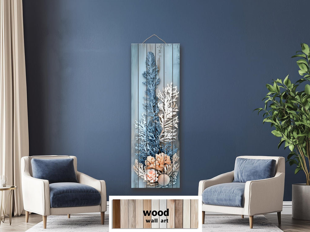 Coral Wall Art – Narrow Vertical Coastal Distressed Wood Print with Blue White Beige Tones