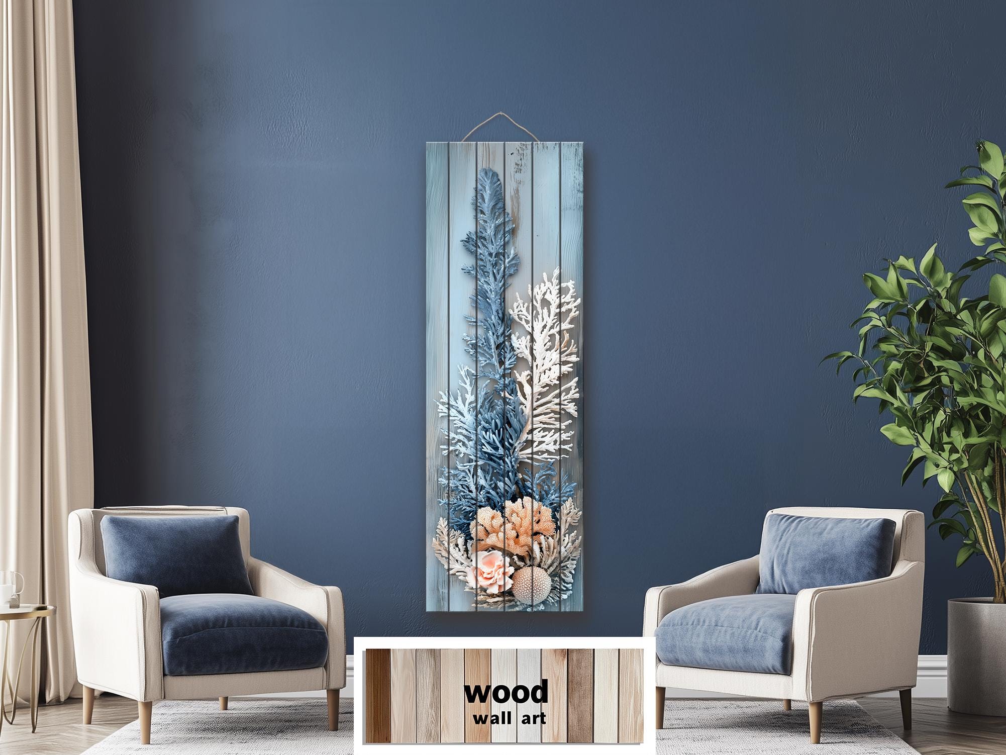 Coral Wall Art – Narrow Vertical Coastal Distressed Wood Print with Blue White Beige Tones