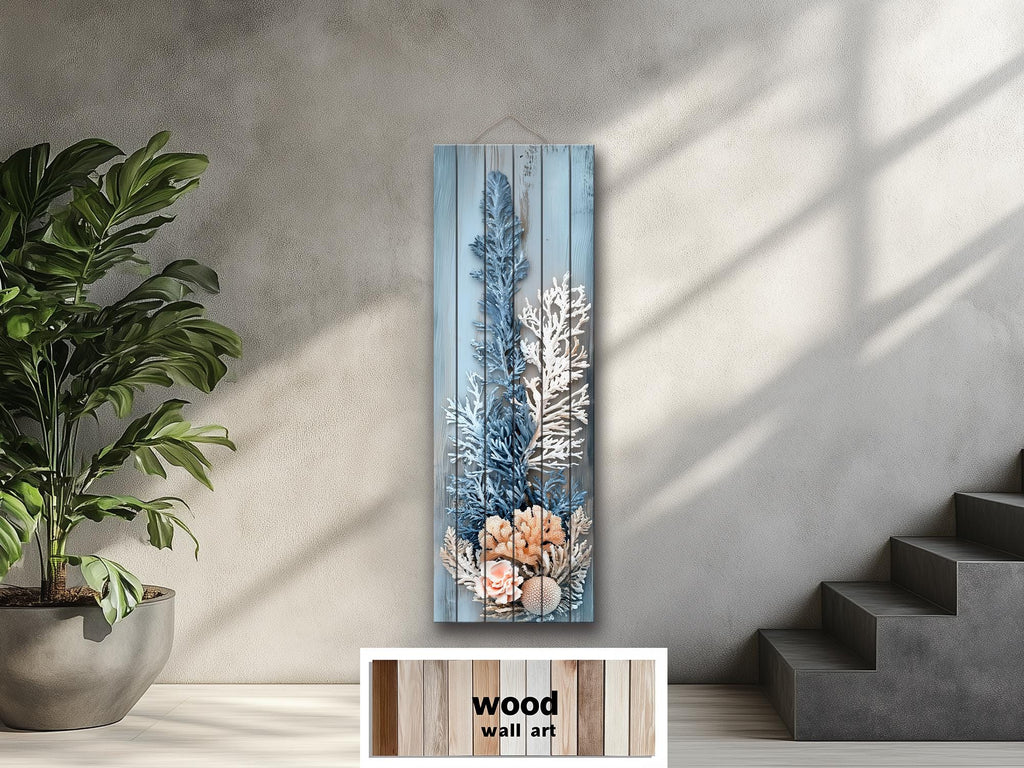 Coral Wall Art – Narrow Vertical Coastal Distressed Wood Print with Blue White Beige Tones