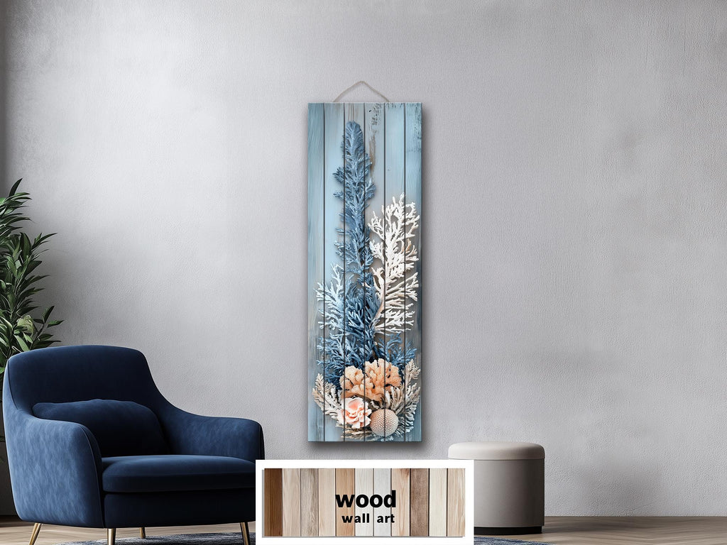 Coral Wall Art – Narrow Vertical Coastal Distressed Wood Print with Blue White Beige Tones