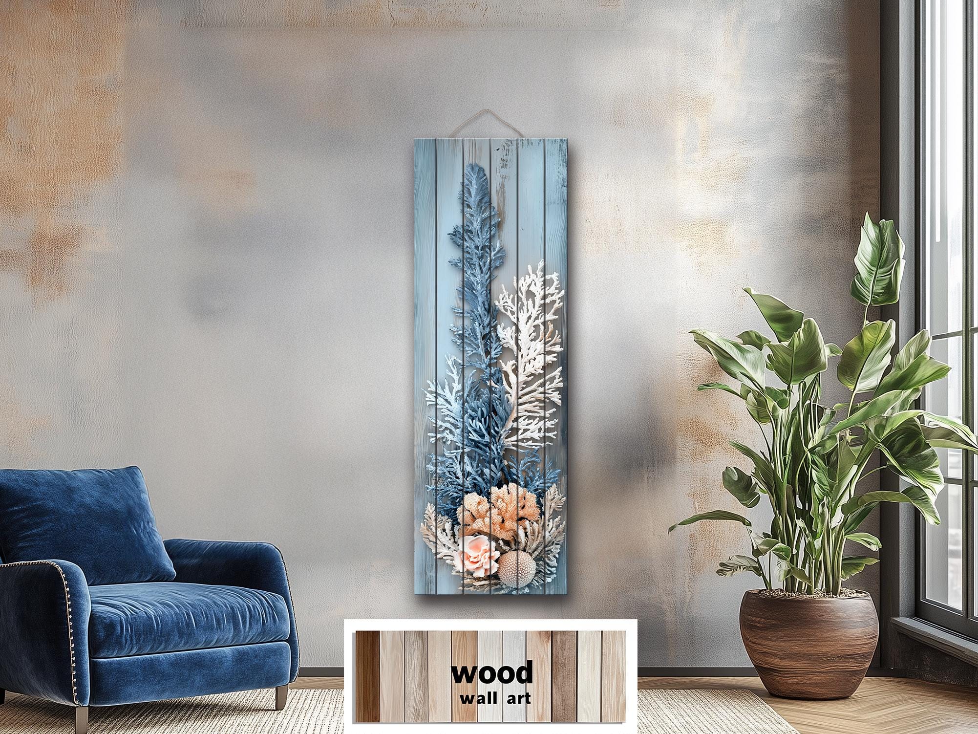 Coral Wall Art – Narrow Vertical Coastal Distressed Wood Print with Blue White Beige Tones