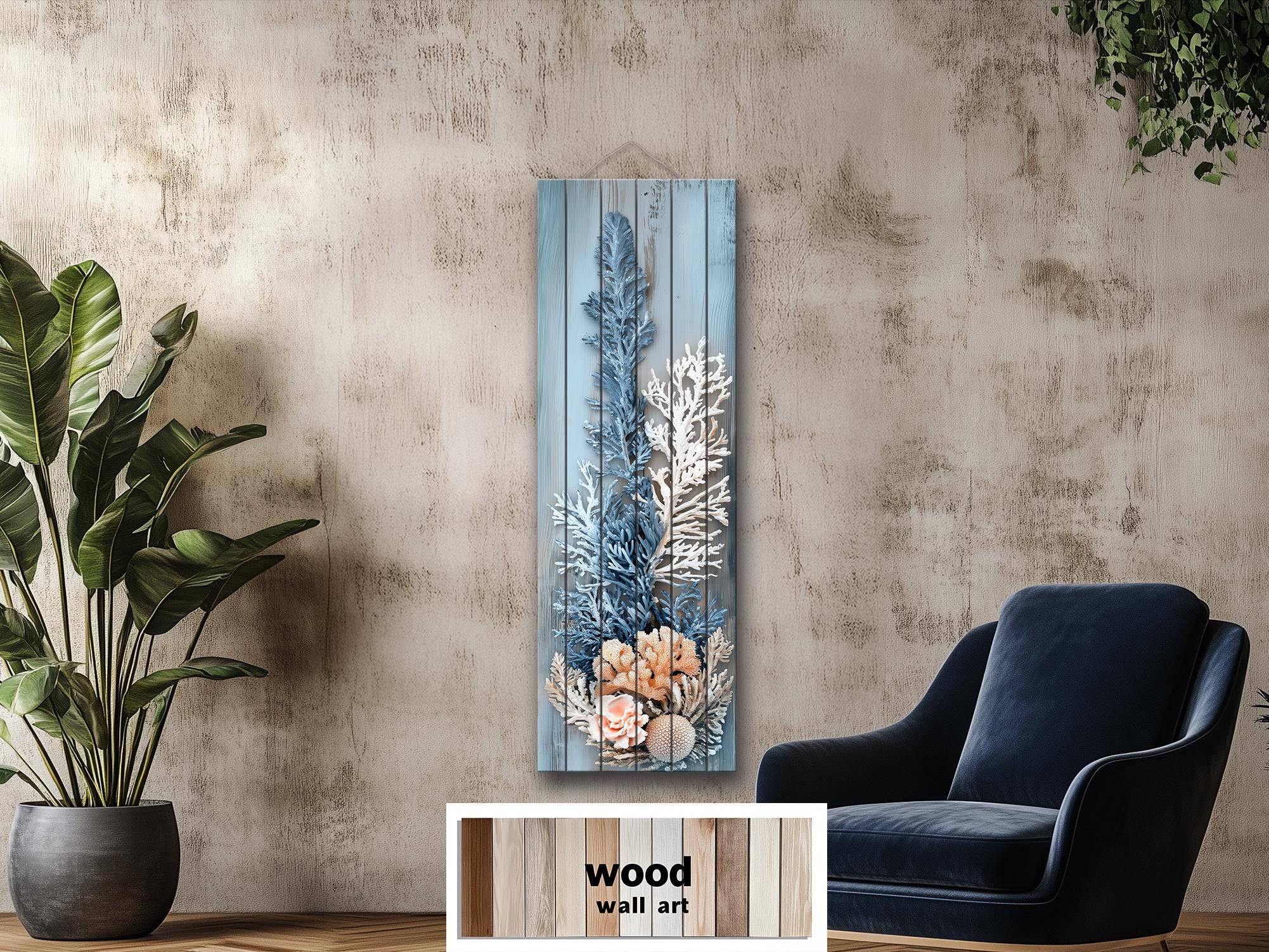 Coral Wall Art – Narrow Vertical Coastal Distressed Wood Print with Blue White Beige Tones