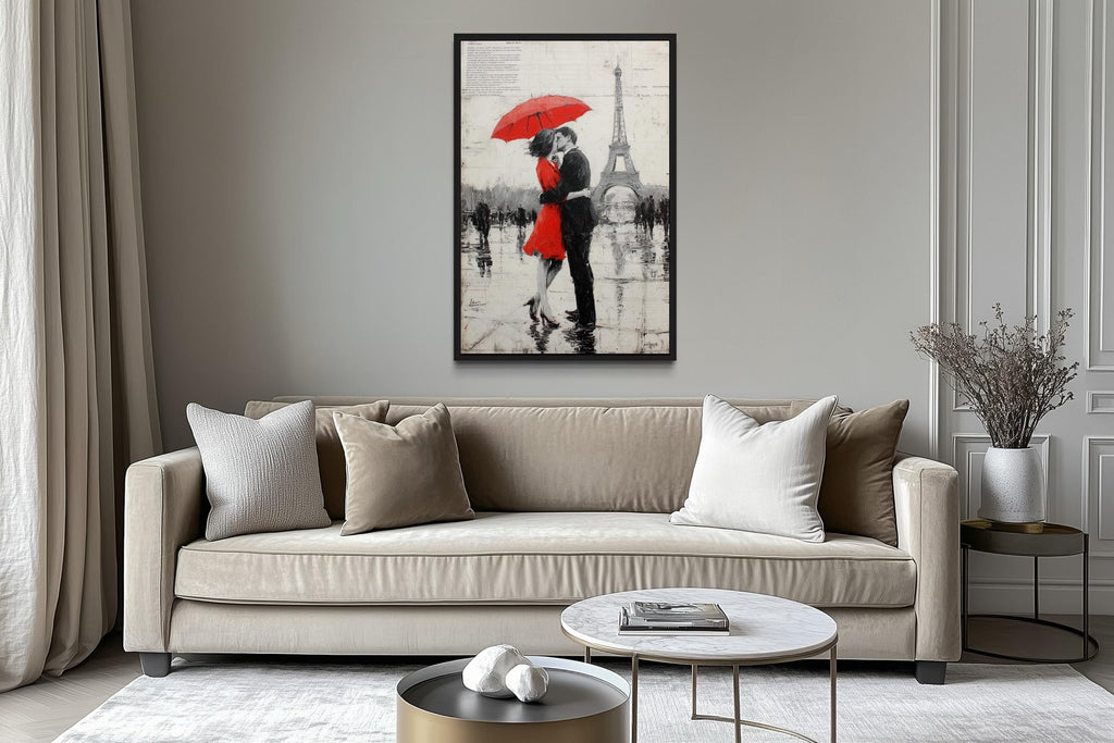 Couple Under Red Umbrella Kissing In Paris Romantic Canvas Wall Art
