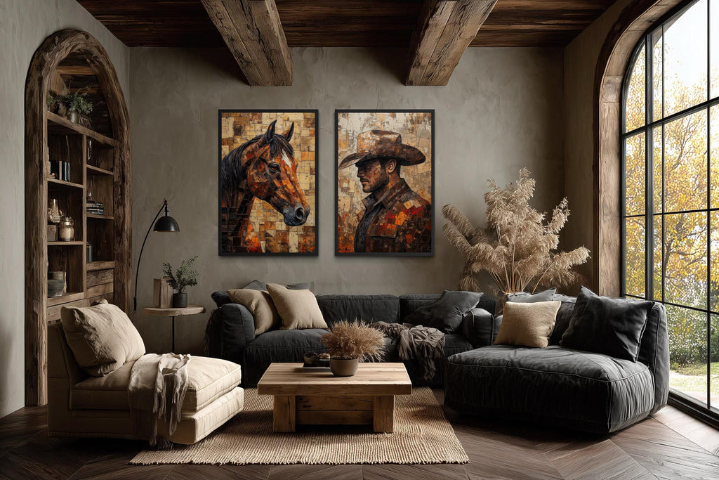 Cowboy And Horse Wall Art - Western Canvas Print Set of 2 | Rustic Ranch Decor