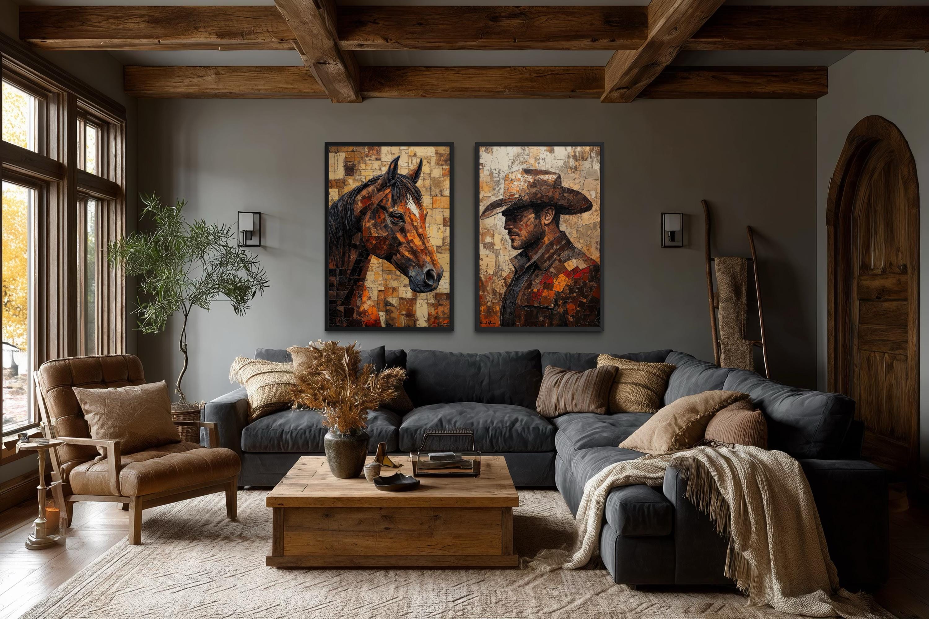 Cowboy And Horse Wall Art - Western Canvas Print Set of 2 | Rustic Ranch Decor