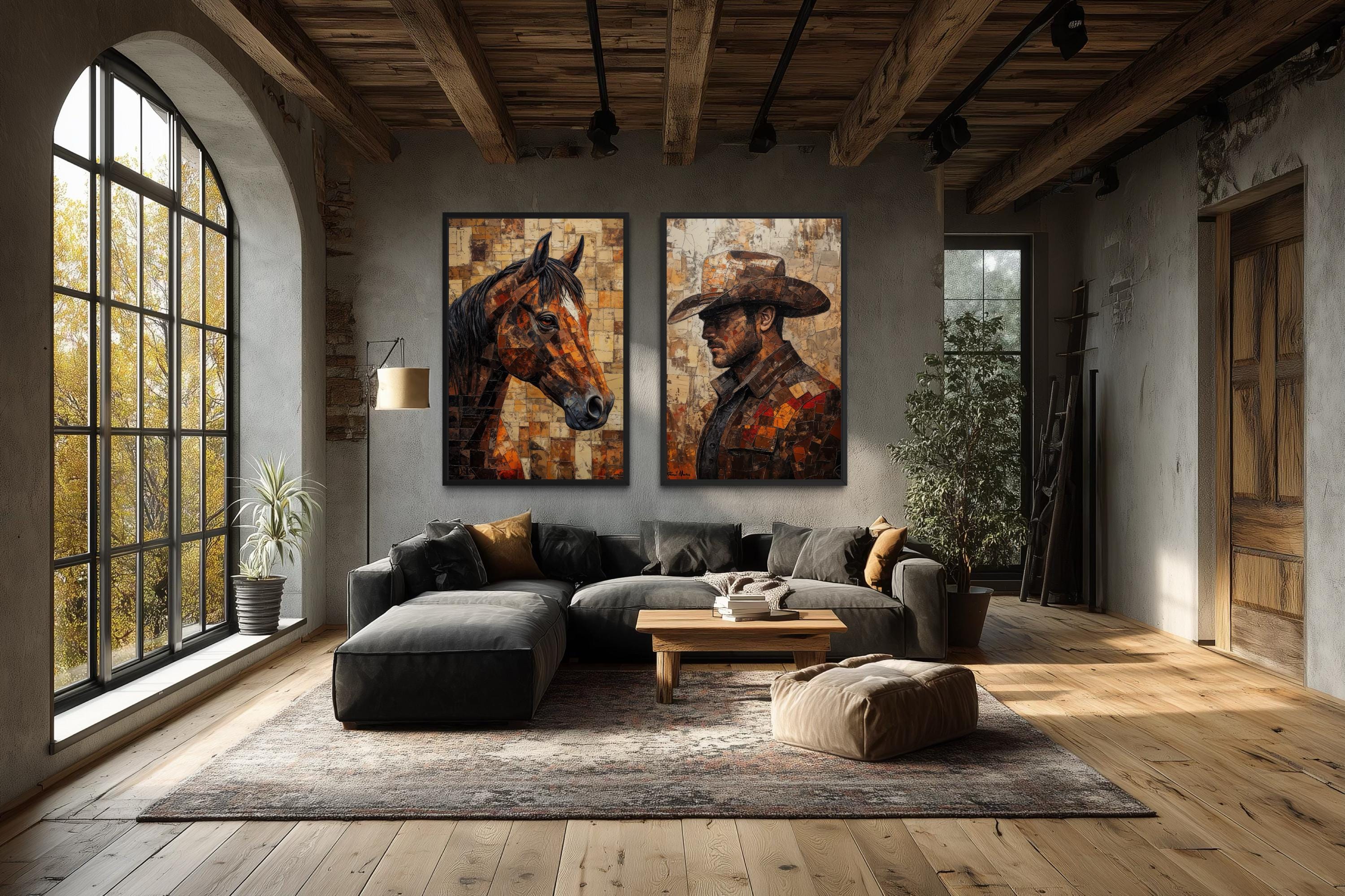 Cowboy And Horse Wall Art - Western Canvas Print Set of 2 | Rustic Ranch Decor