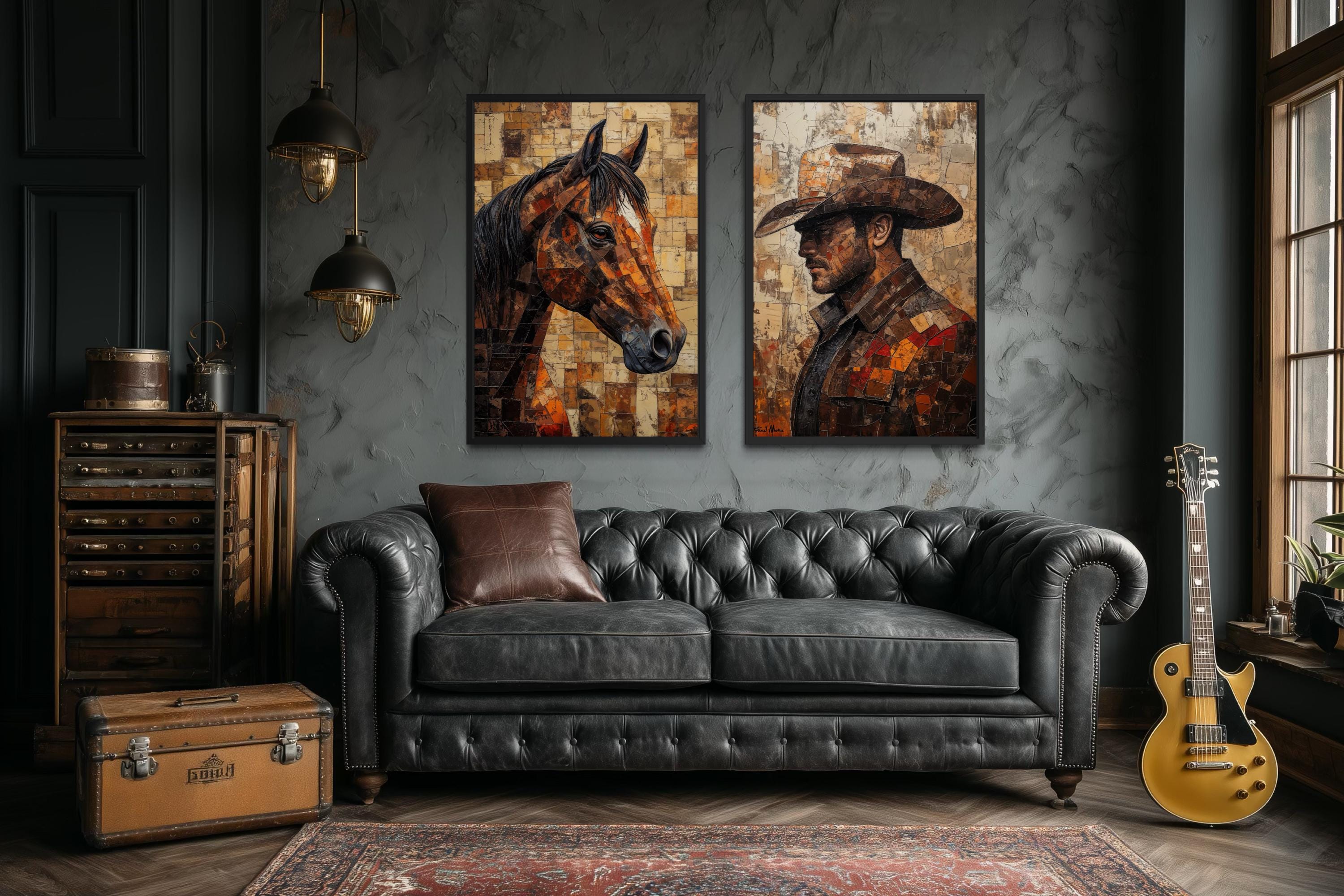 Cowboy And Horse Wall Art - Western Canvas Print Set of 2 | Rustic Ranch Decor
