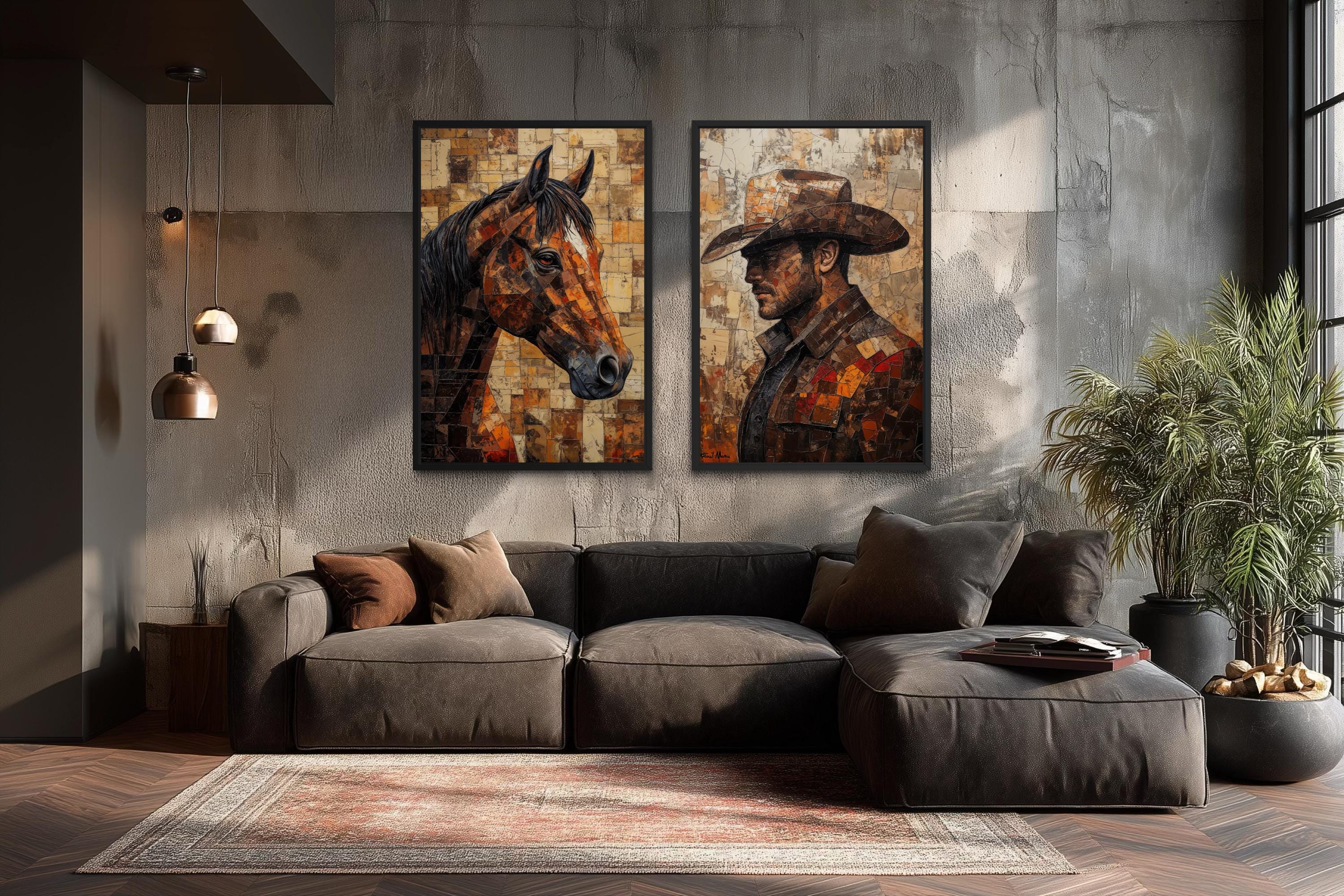 Cowboy And Horse Wall Art - Western Canvas Print Set of 2 | Rustic Ranch Decor