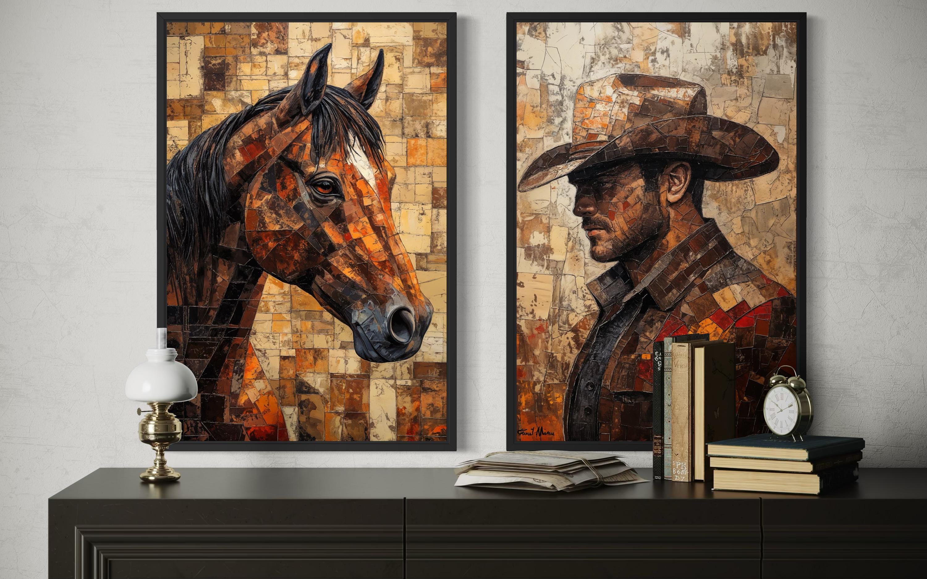 Cowboy And Horse Wall Art - Western Canvas Print Set of 2 | Rustic Ranch Decor