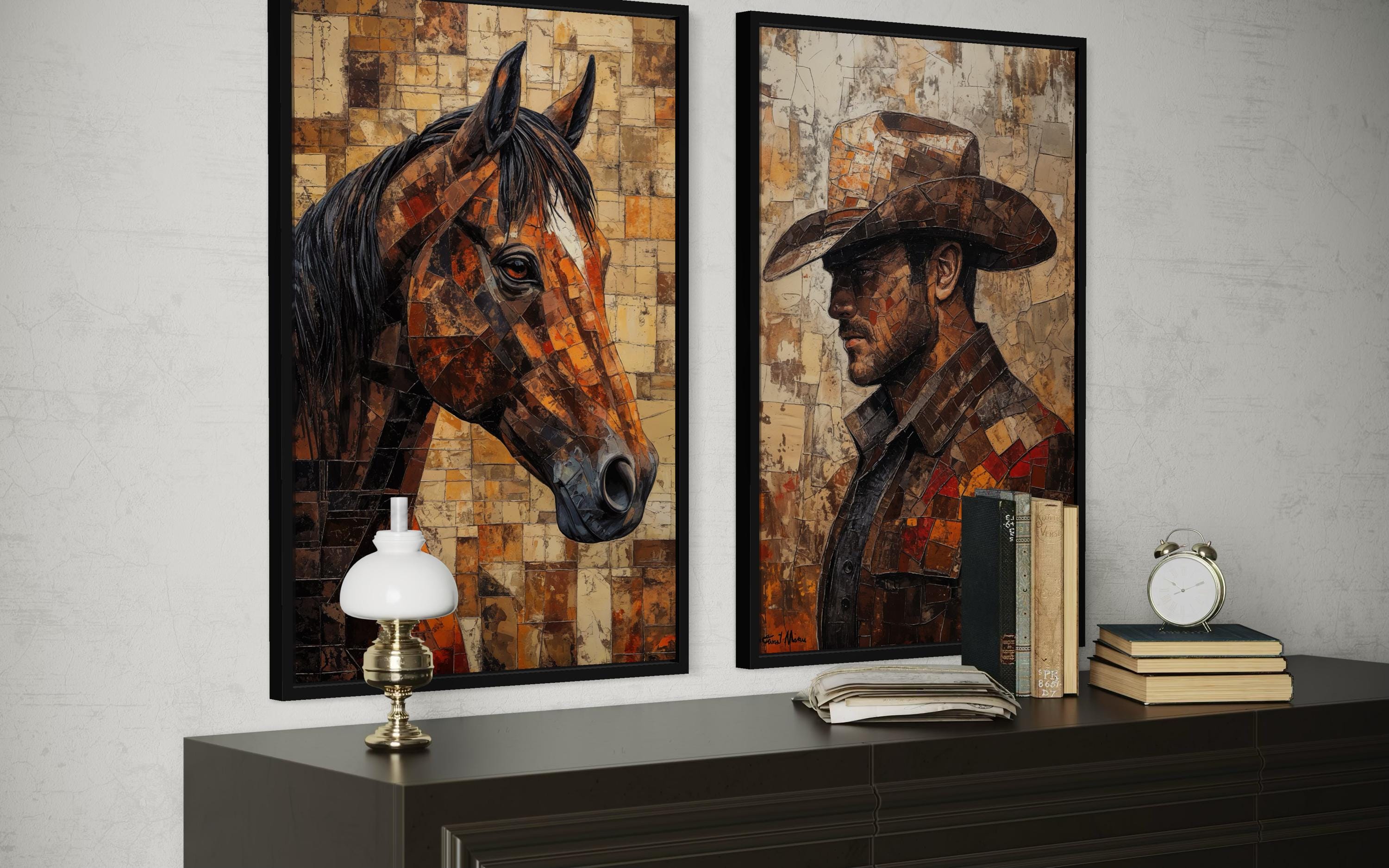 Cowboy And Horse Wall Art - Western Canvas Print Set of 2 | Rustic Ranch Decor