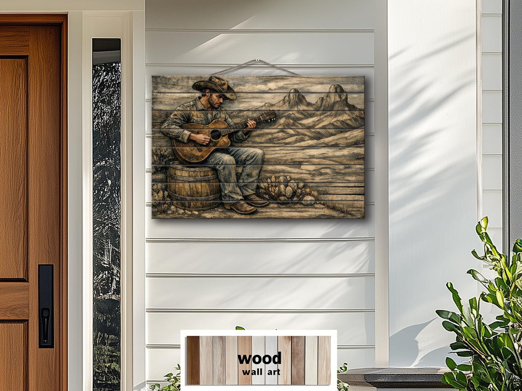 Cowboy Playing Guitar Wood Wall Art – Rustic Western Music Print on Distressed Wood Panel