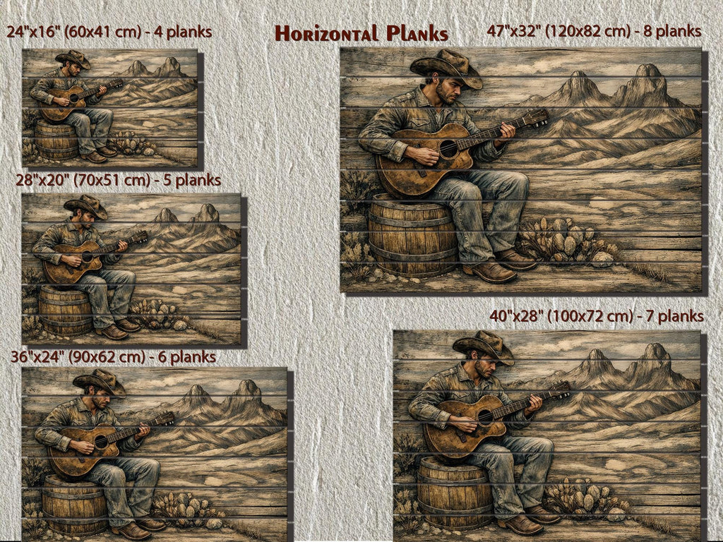 Cowboy Playing Guitar Wood Wall Art – Rustic Western Music Print on Distressed Wood Panel