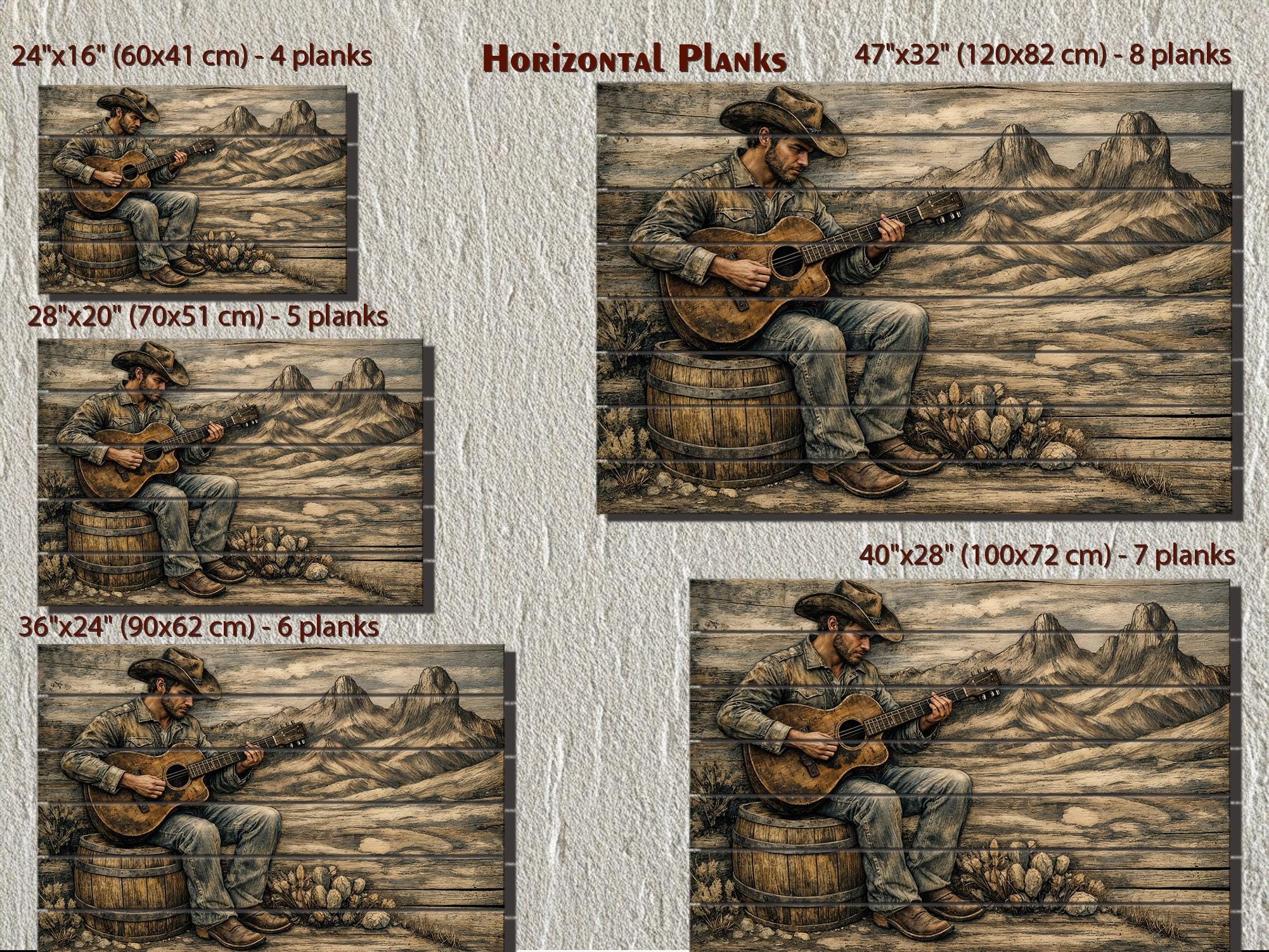 Cowboy Playing Guitar Wood Wall Art – Rustic Western Music Print on Distressed Wood Panel