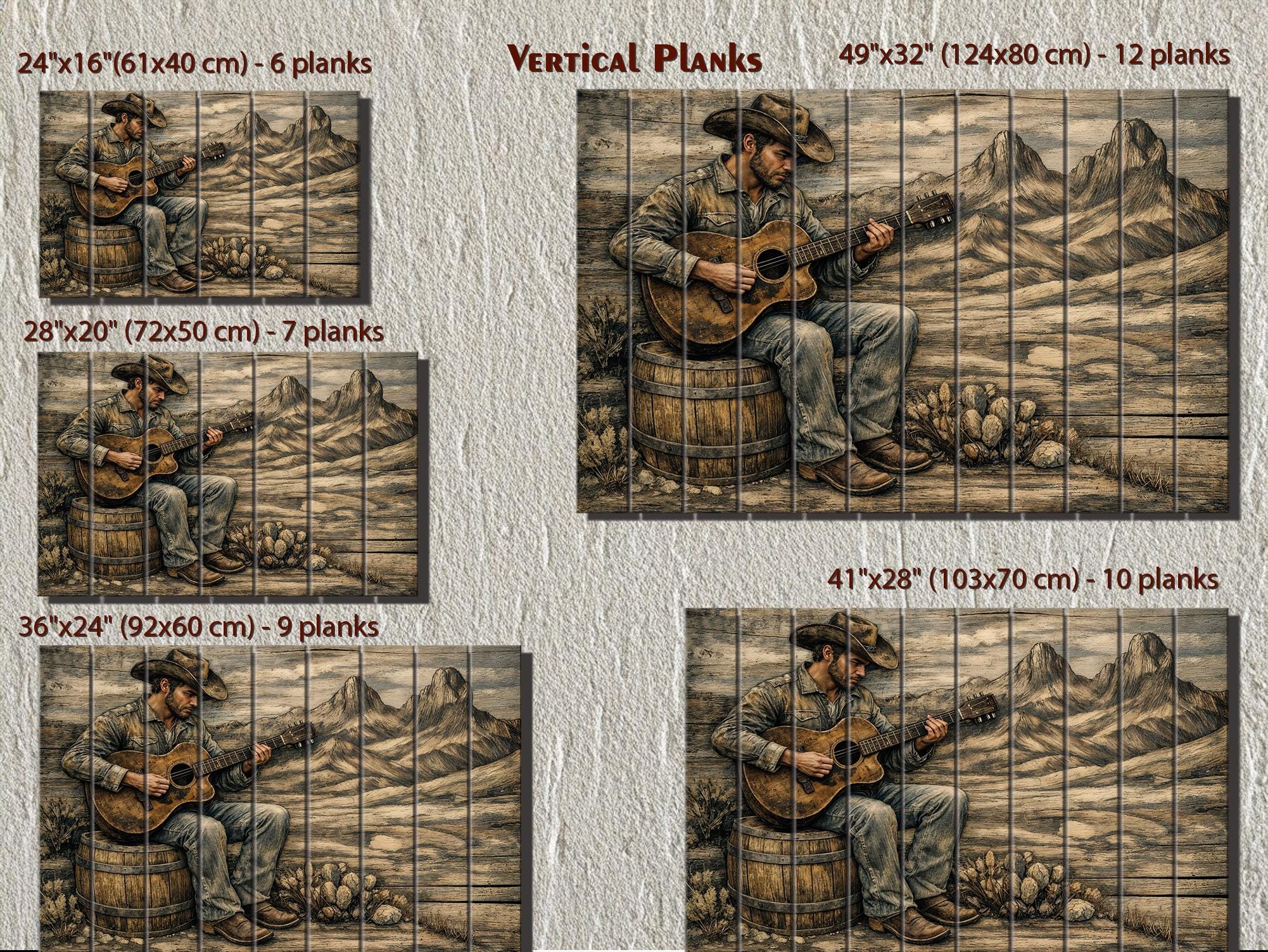 Cowboy Playing Guitar Wood Wall Art – Rustic Western Music Print on Distressed Wood Panel