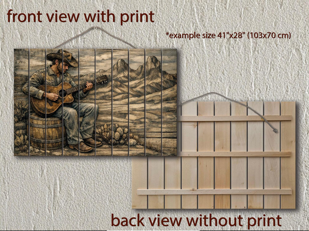 Cowboy Playing Guitar Wood Wall Art – Rustic Western Music Print on Distressed Wood Panel