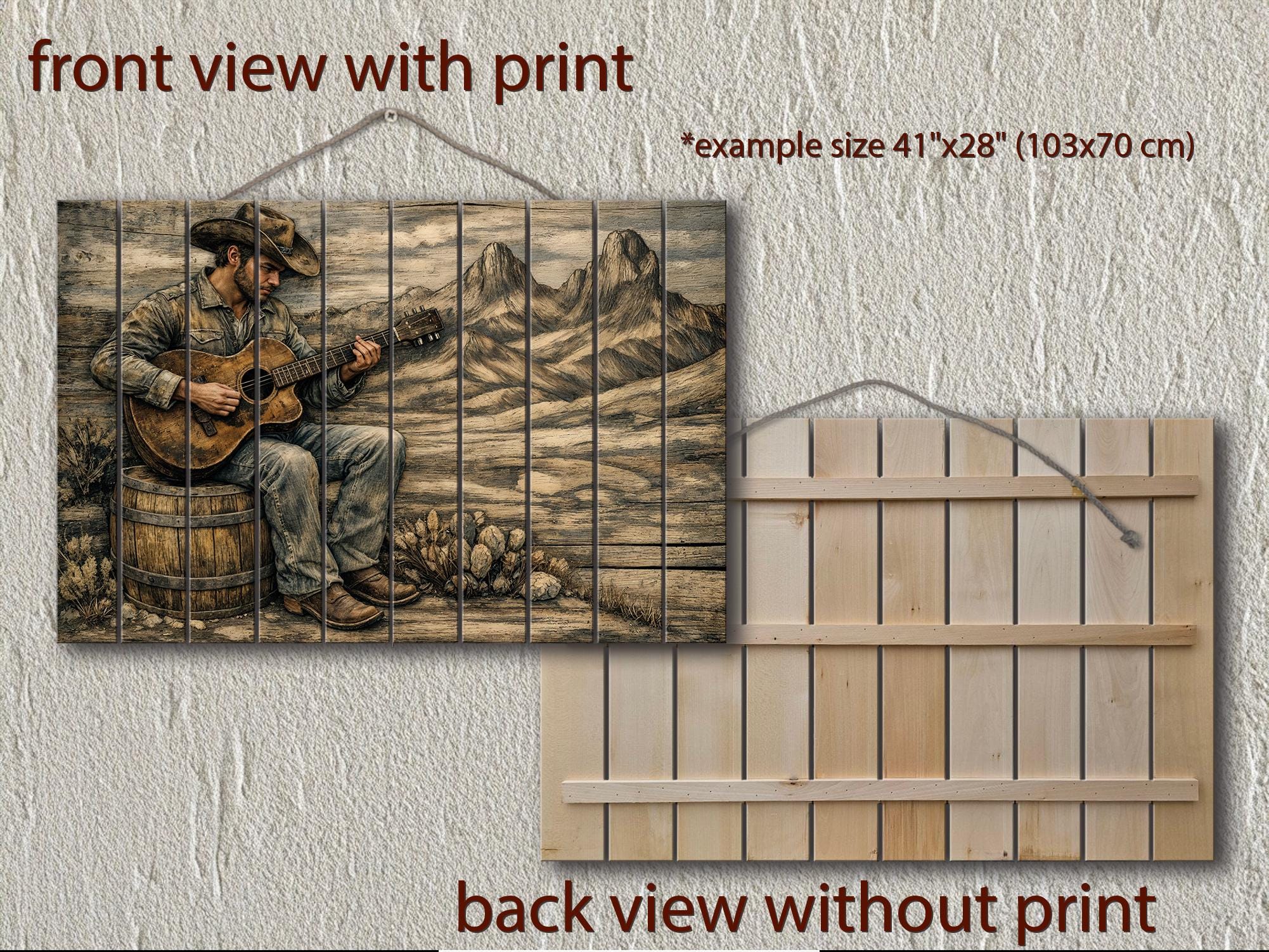 Cowboy Playing Guitar Wood Wall Art – Rustic Western Music Print on Distressed Wood Panel