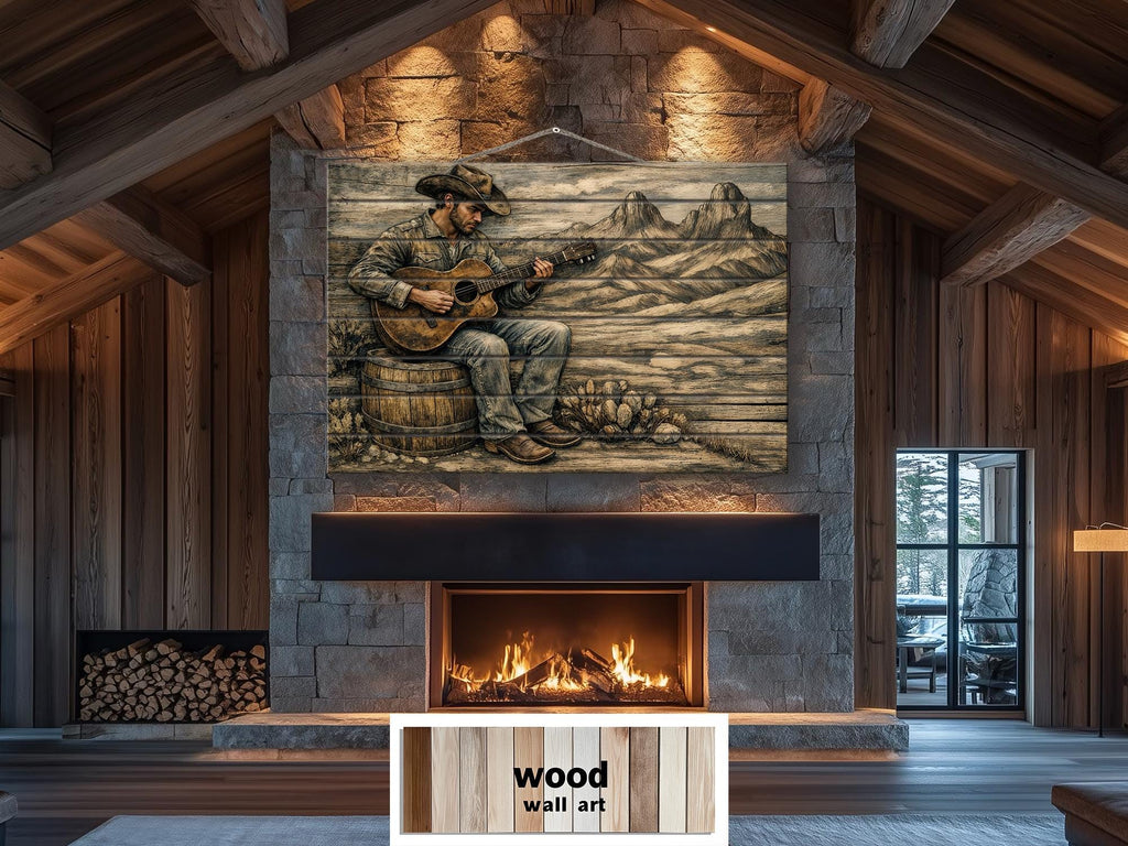 Cowboy Playing Guitar Wood Wall Art – Rustic Western Music Print on Distressed Wood Panel