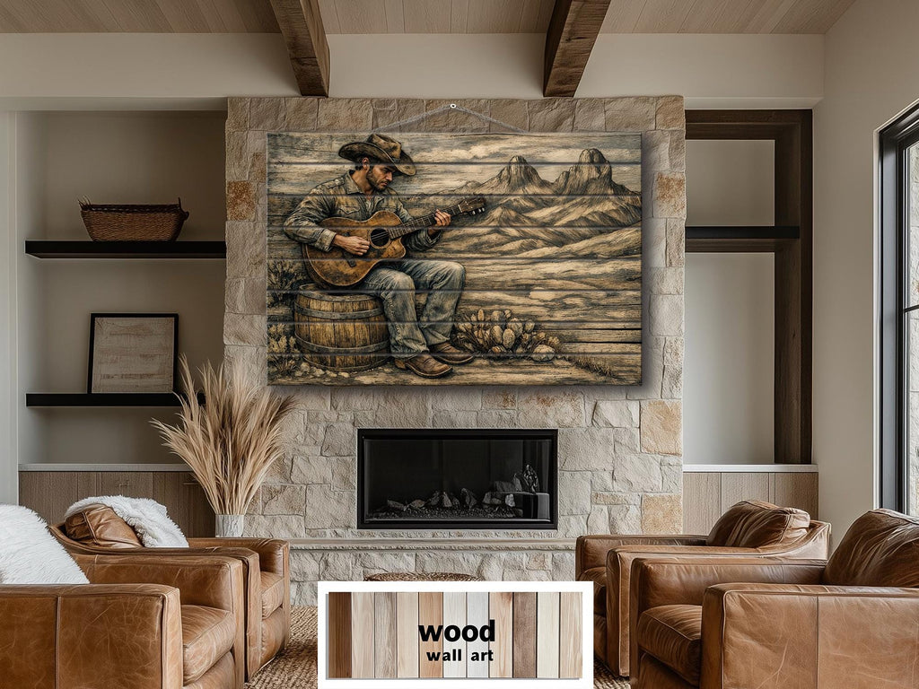 Cowboy Playing Guitar Wood Wall Art – Rustic Western Music Print on Distressed Wood Panel