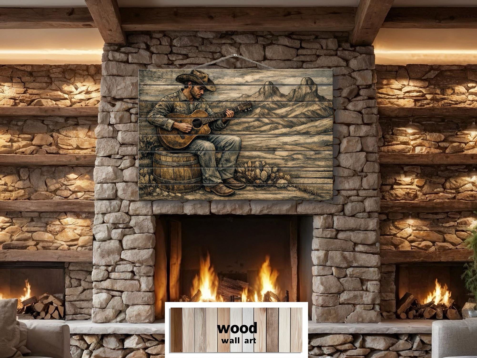 Cowboy Playing Guitar Wood Wall Art – Rustic Western Music Print on Distressed Wood Panel