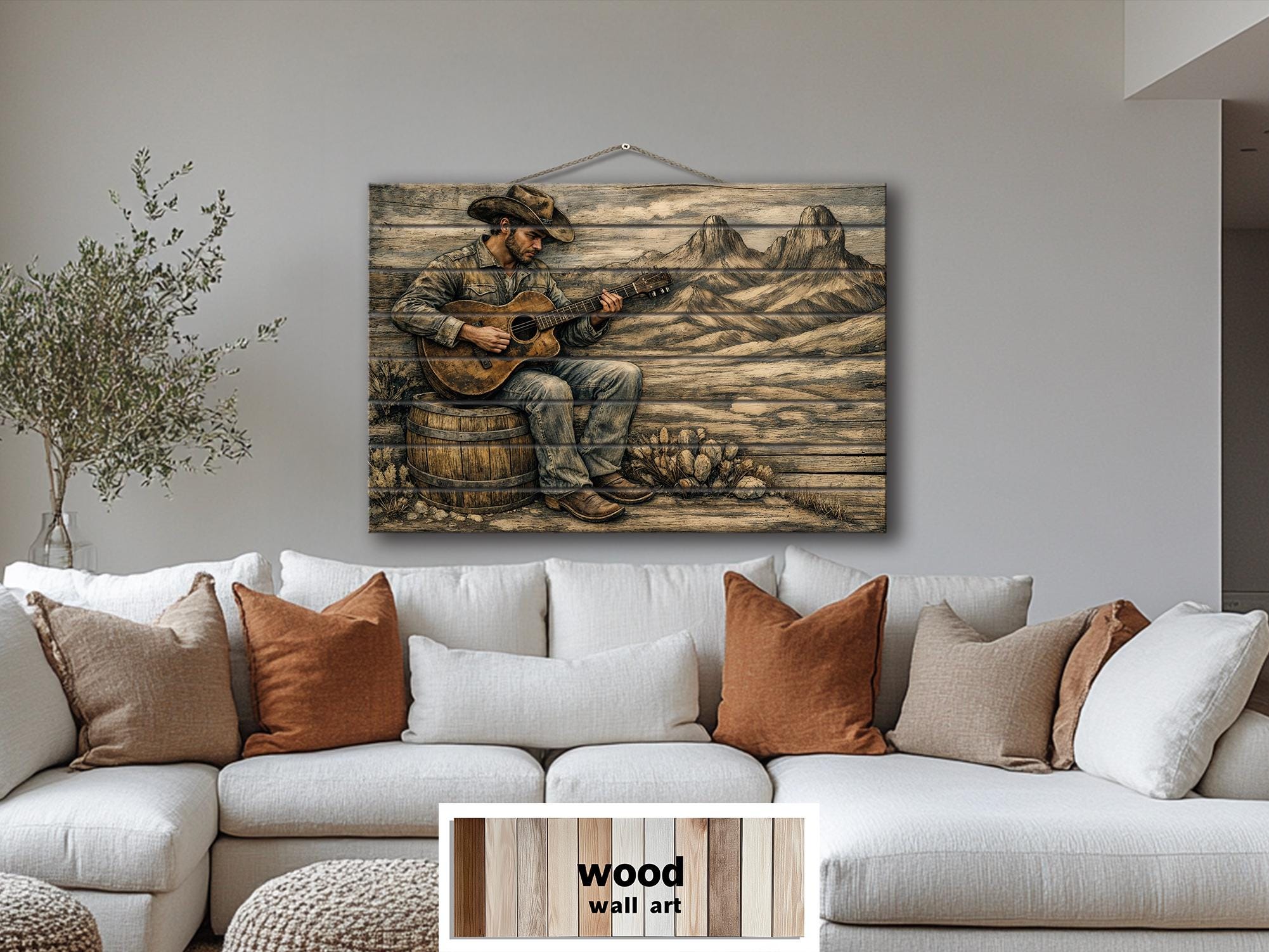 Cowboy Playing Guitar Wood Wall Art – Rustic Western Music Print on Distressed Wood Panel