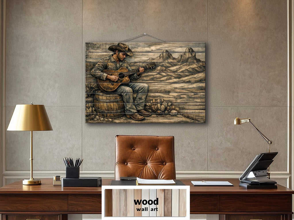 Cowboy Playing Guitar Wood Wall Art – Rustic Western Music Print on Distressed Wood Panel