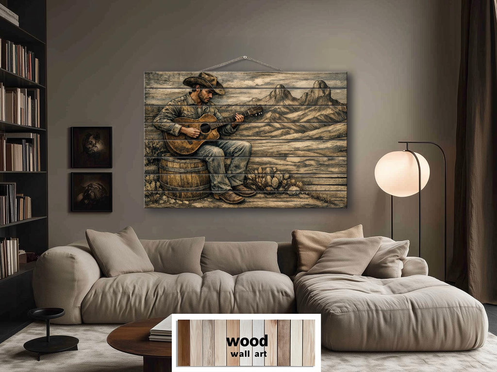 Cowboy Playing Guitar Wood Wall Art – Rustic Western Music Print on Distressed Wood Panel