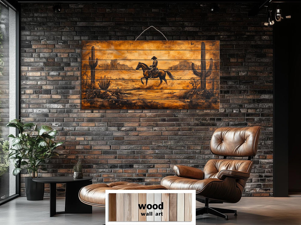 Cowboy Riding Through Desert Distressed Wood Wall Art