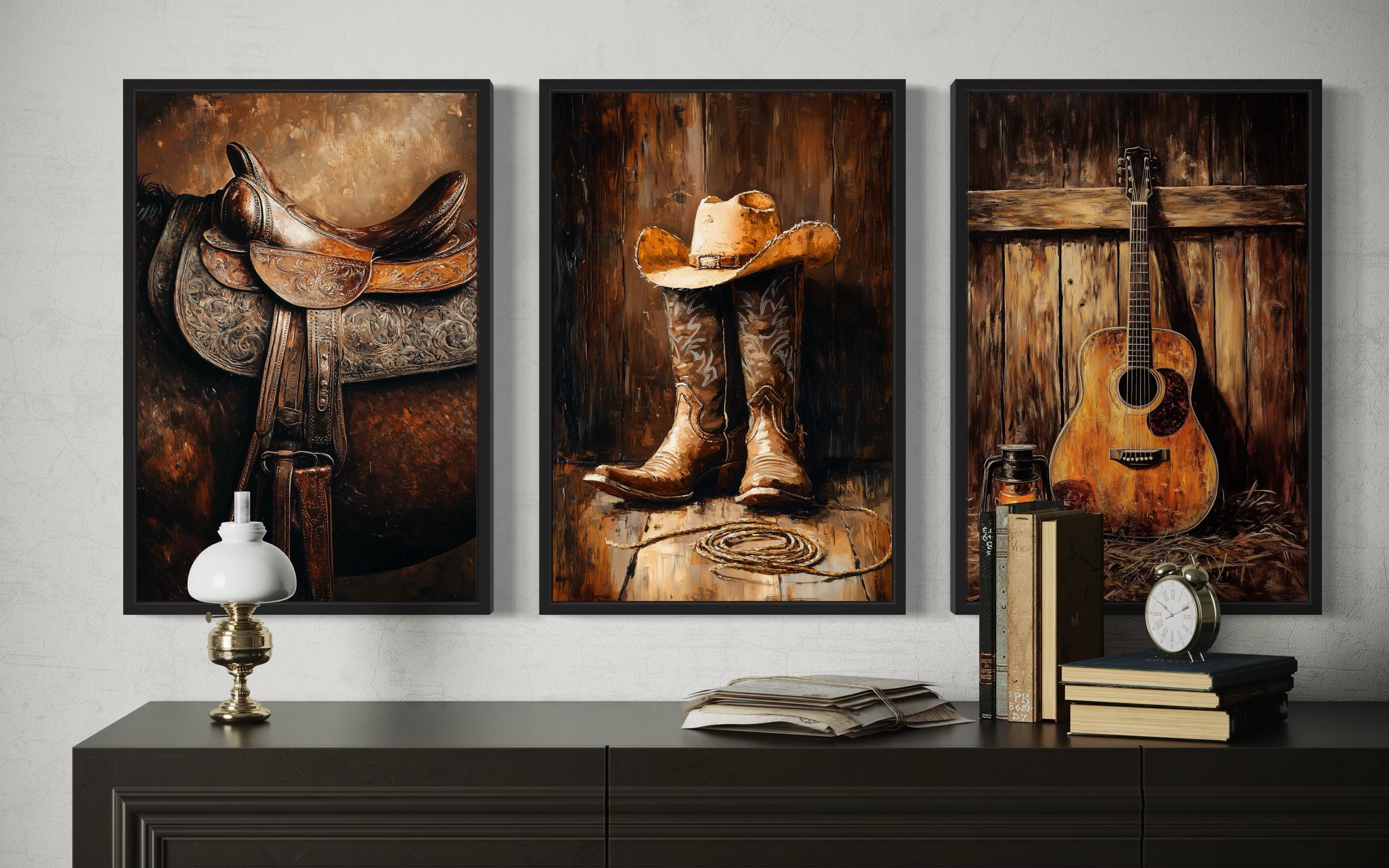 Cowboy Wall Decor - Horse Saddle, Boots And Hat And Country Guitar Set of 3 Western Wall Art