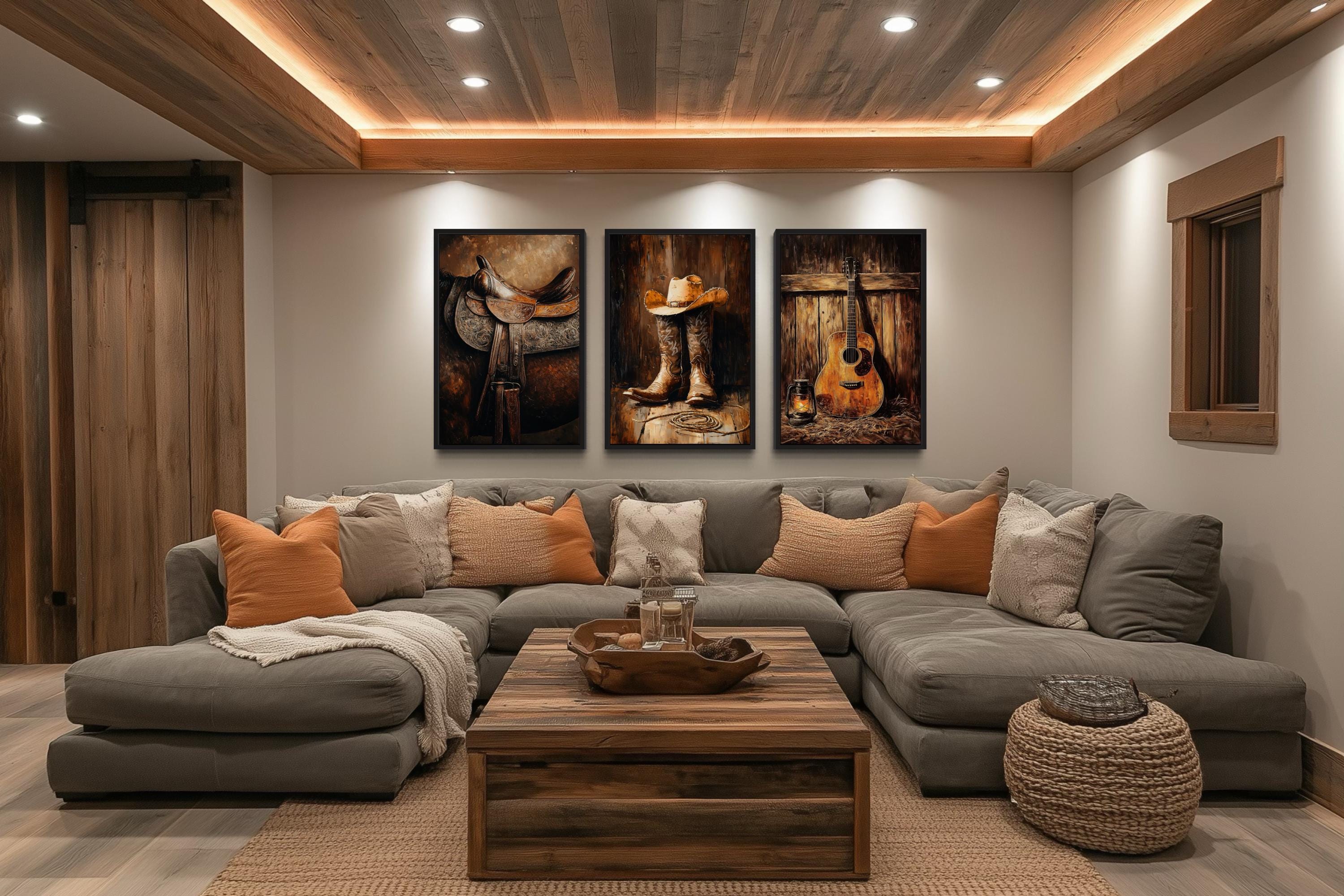 Cowboy Wall Decor - Horse Saddle, Boots And Hat And Country Guitar Set of 3 Western Wall Art