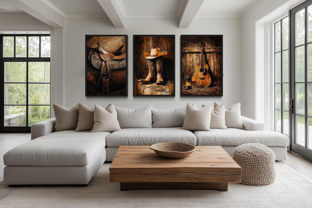 Cowboy Wall Decor - Horse Saddle, Boots And Hat And Country Guitar Set of 3 Western Wall Art