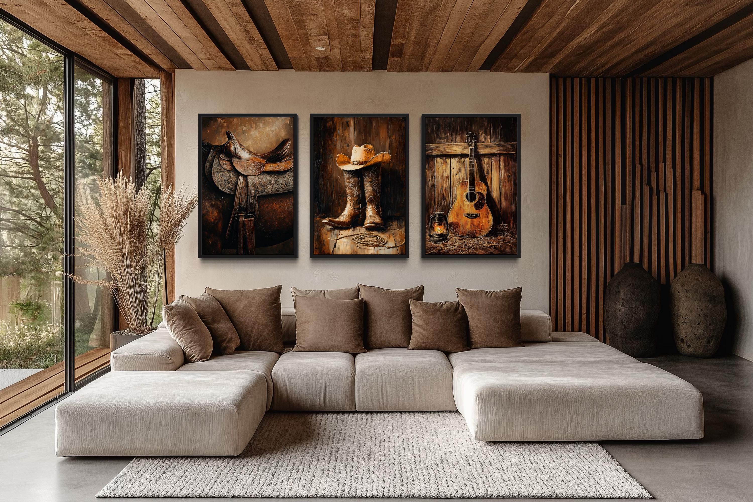Cowboy Wall Decor - Horse Saddle, Boots And Hat And Country Guitar Set of 3 Western Wall Art