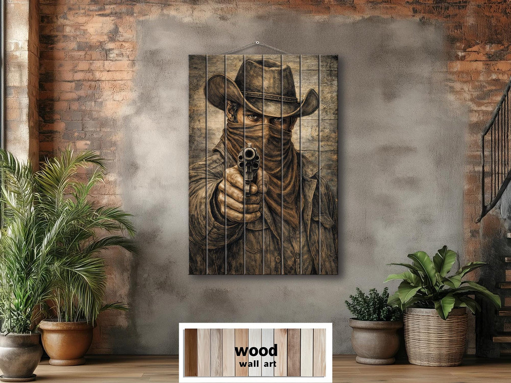 Cowboy With A Gun – Distressed Wood Wall Art - Western Outlaw Portrait, Rustic Ranch Decor