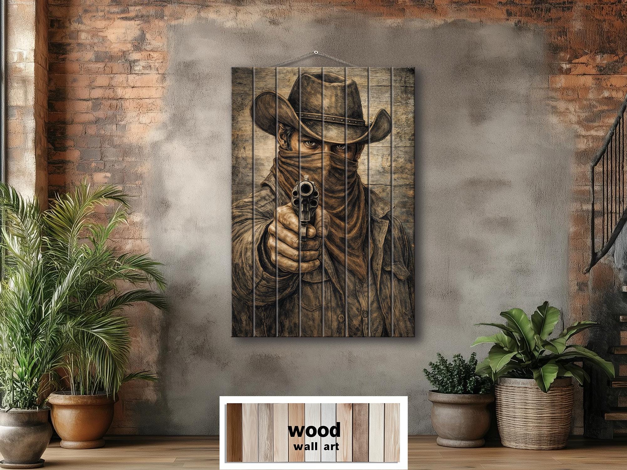 Cowboy With A Gun – Distressed Wood Wall Art - Western Outlaw Portrait, Rustic Ranch Decor