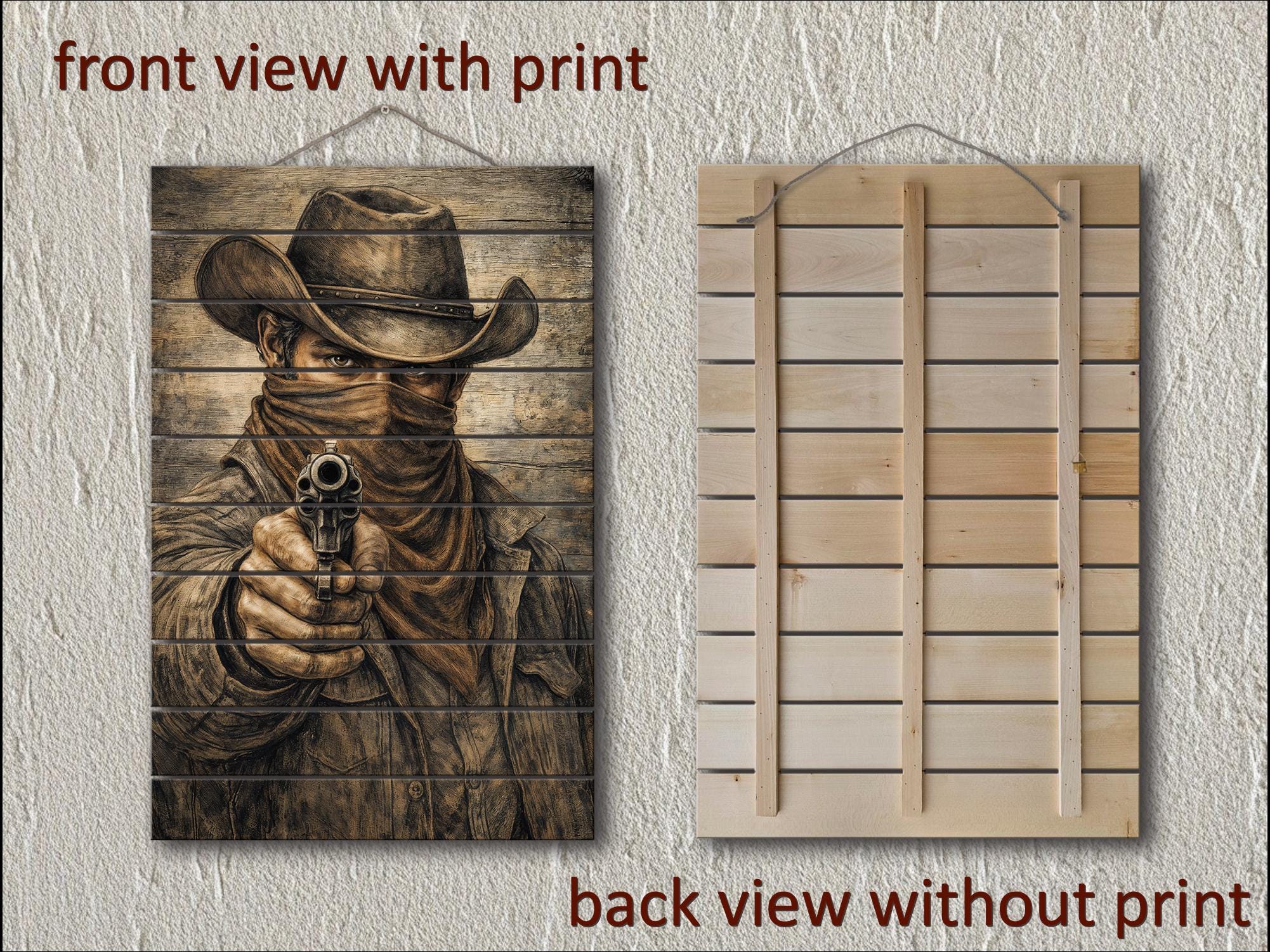 Cowboy With A Gun – Distressed Wood Wall Art - Western Outlaw Portrait, Rustic Ranch Decor