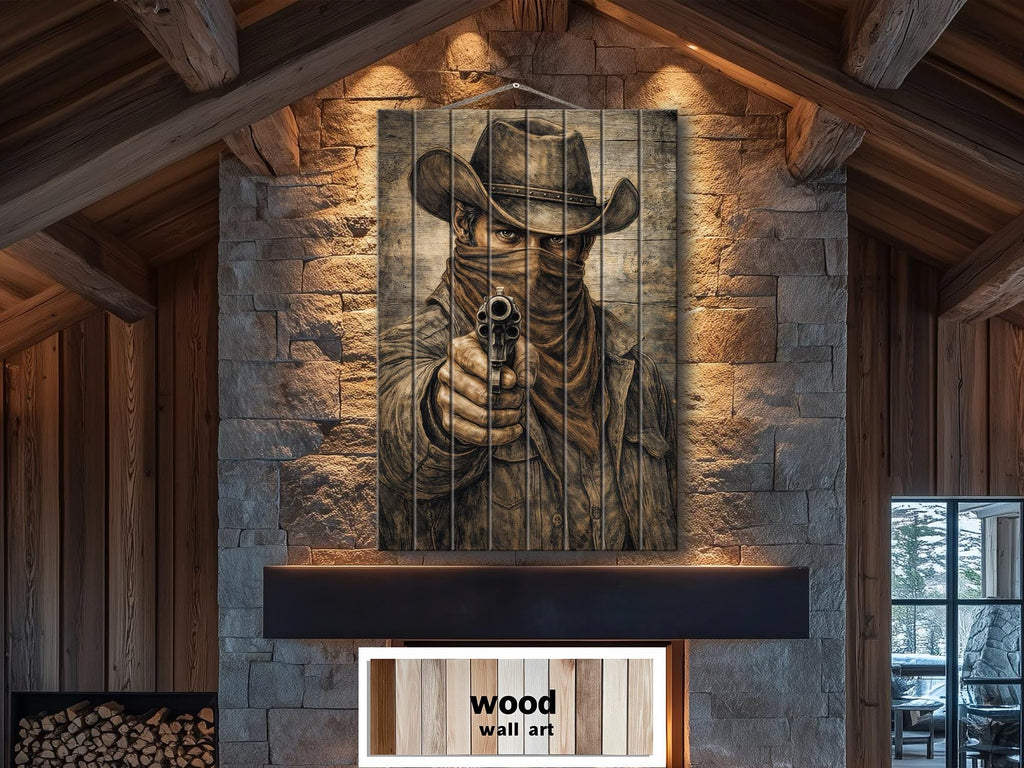 Cowboy With A Gun – Distressed Wood Wall Art - Western Outlaw Portrait, Rustic Ranch Decor
