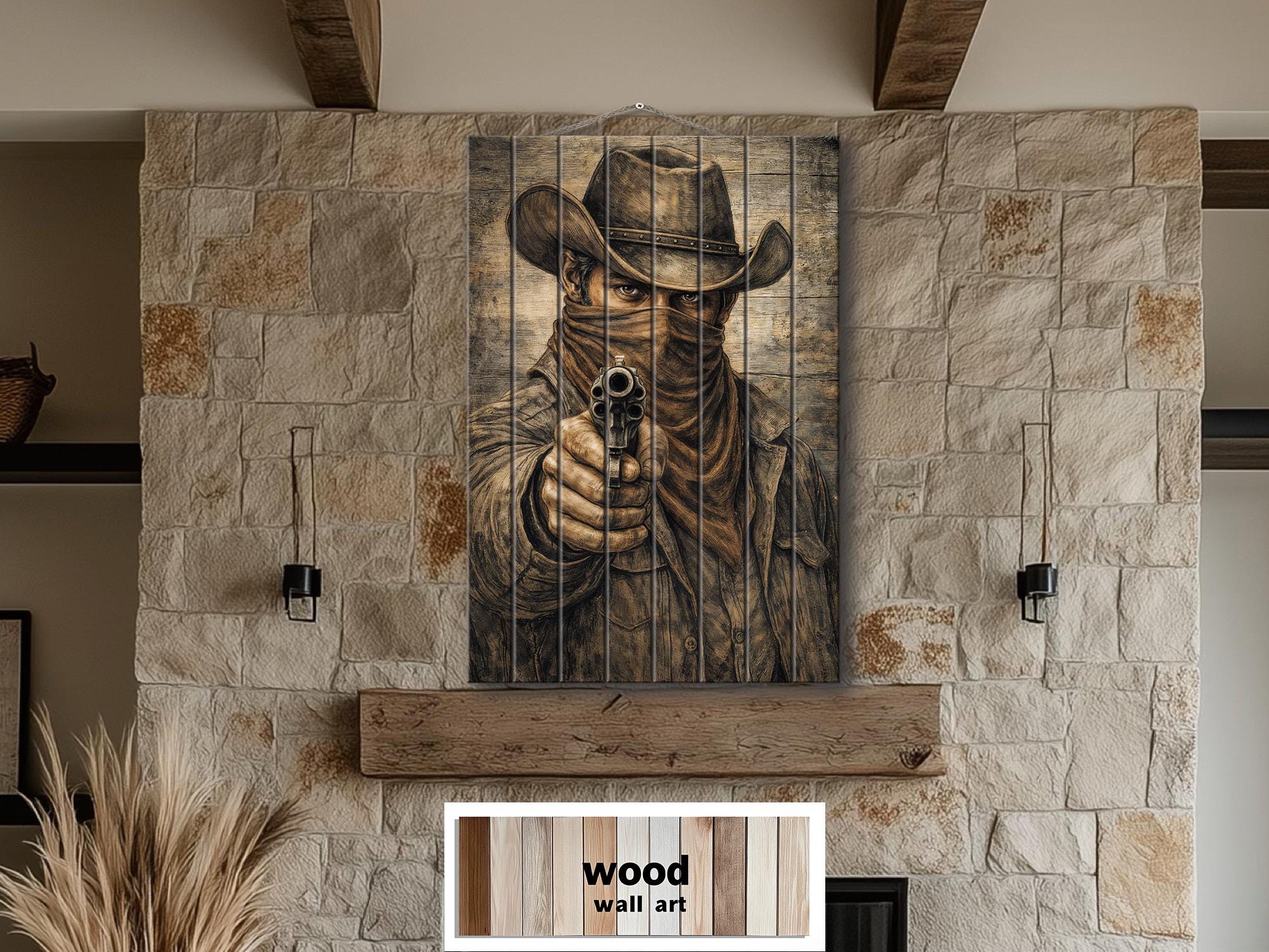 Cowboy With A Gun – Distressed Wood Wall Art - Western Outlaw Portrait, Rustic Ranch Decor