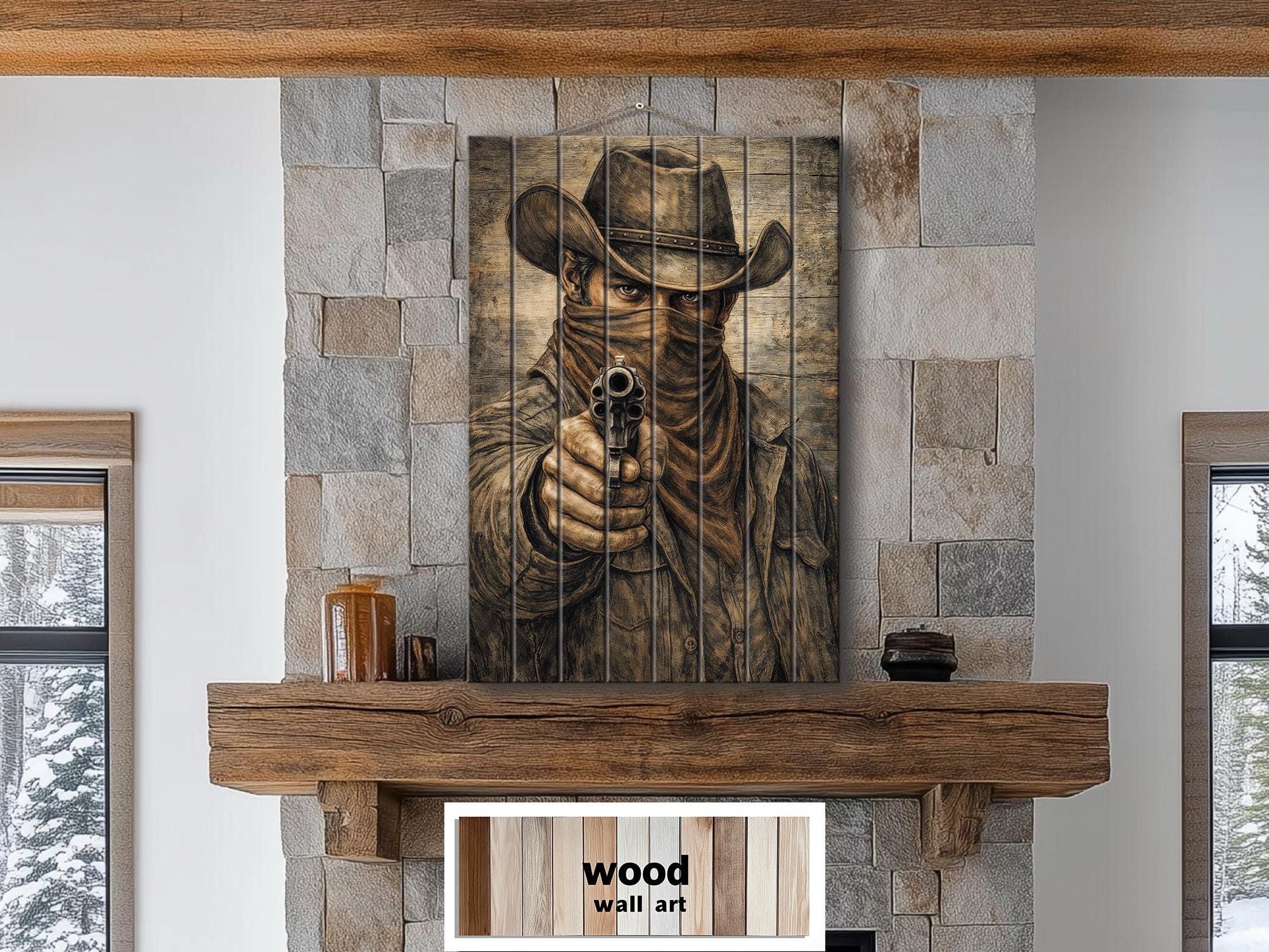 Cowboy With A Gun – Distressed Wood Wall Art - Western Outlaw Portrait, Rustic Ranch Decor