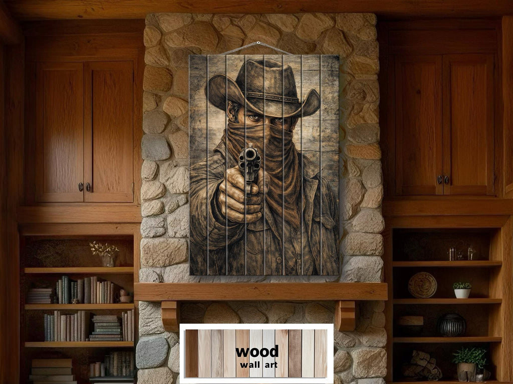 Cowboy With A Gun – Distressed Wood Wall Art - Western Outlaw Portrait, Rustic Ranch Decor
