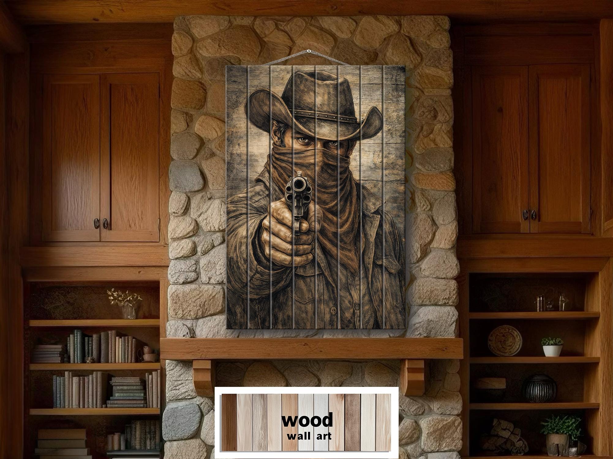 Cowboy With A Gun – Distressed Wood Wall Art - Western Outlaw Portrait, Rustic Ranch Decor