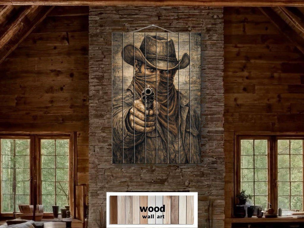 Cowboy With A Gun – Distressed Wood Wall Art - Western Outlaw Portrait, Rustic Ranch Decor