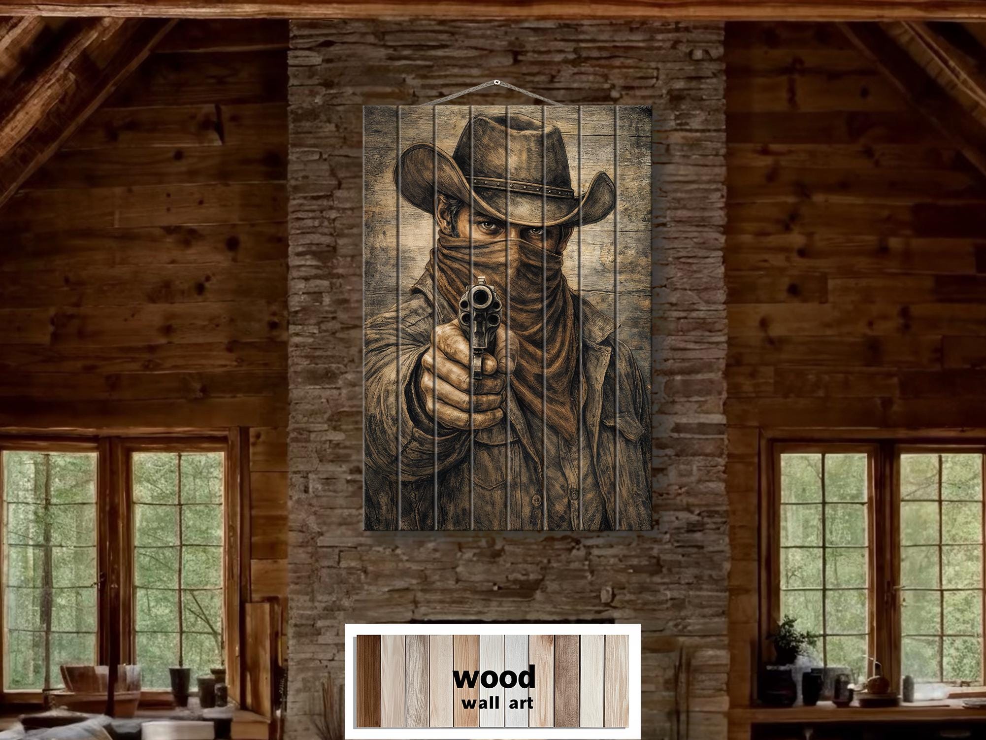 Cowboy With A Gun – Distressed Wood Wall Art - Western Outlaw Portrait, Rustic Ranch Decor