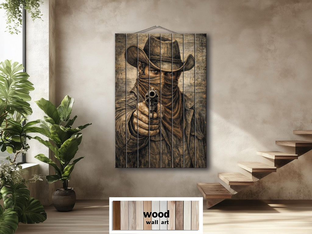 Cowboy With A Gun – Distressed Wood Wall Art - Western Outlaw Portrait, Rustic Ranch Decor