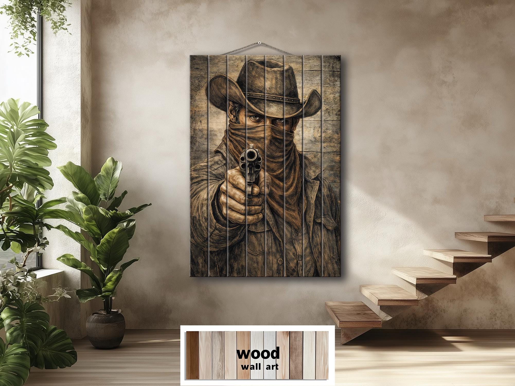 Cowboy With A Gun – Distressed Wood Wall Art - Western Outlaw Portrait, Rustic Ranch Decor