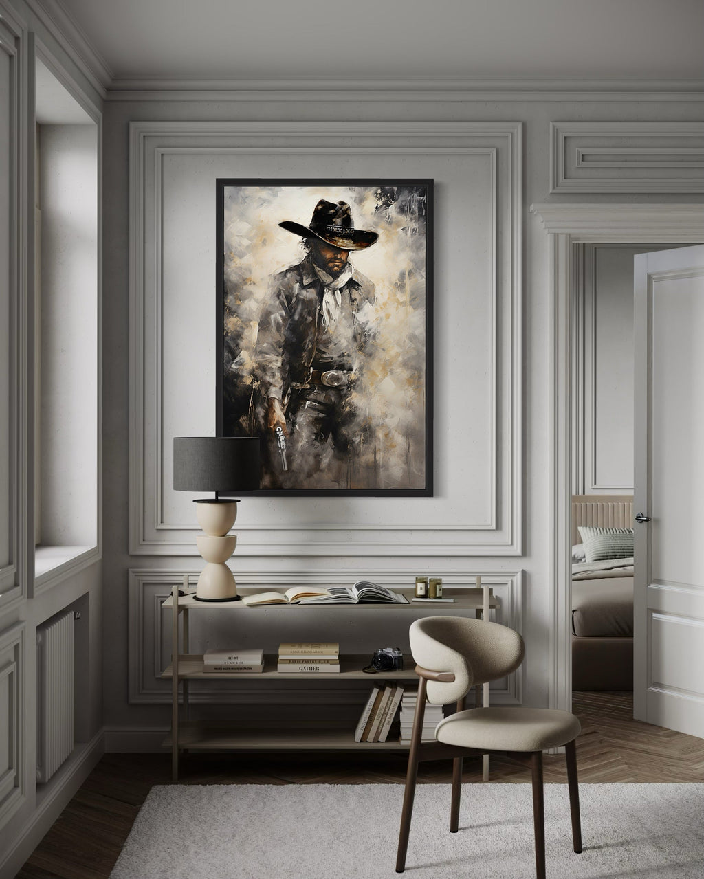 Cowboy With Gun Painting Framed Canvas Wall Art - Western Decor For Men