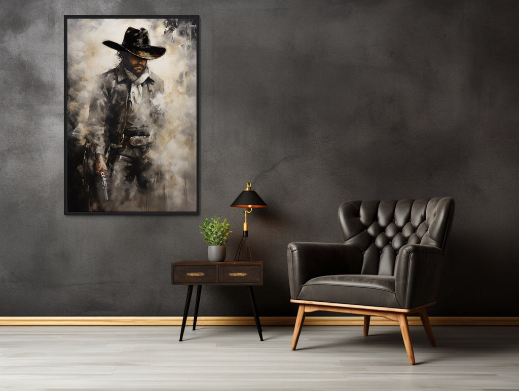 Cowboy With Gun Painting Framed Canvas Wall Art - Western Decor For Men