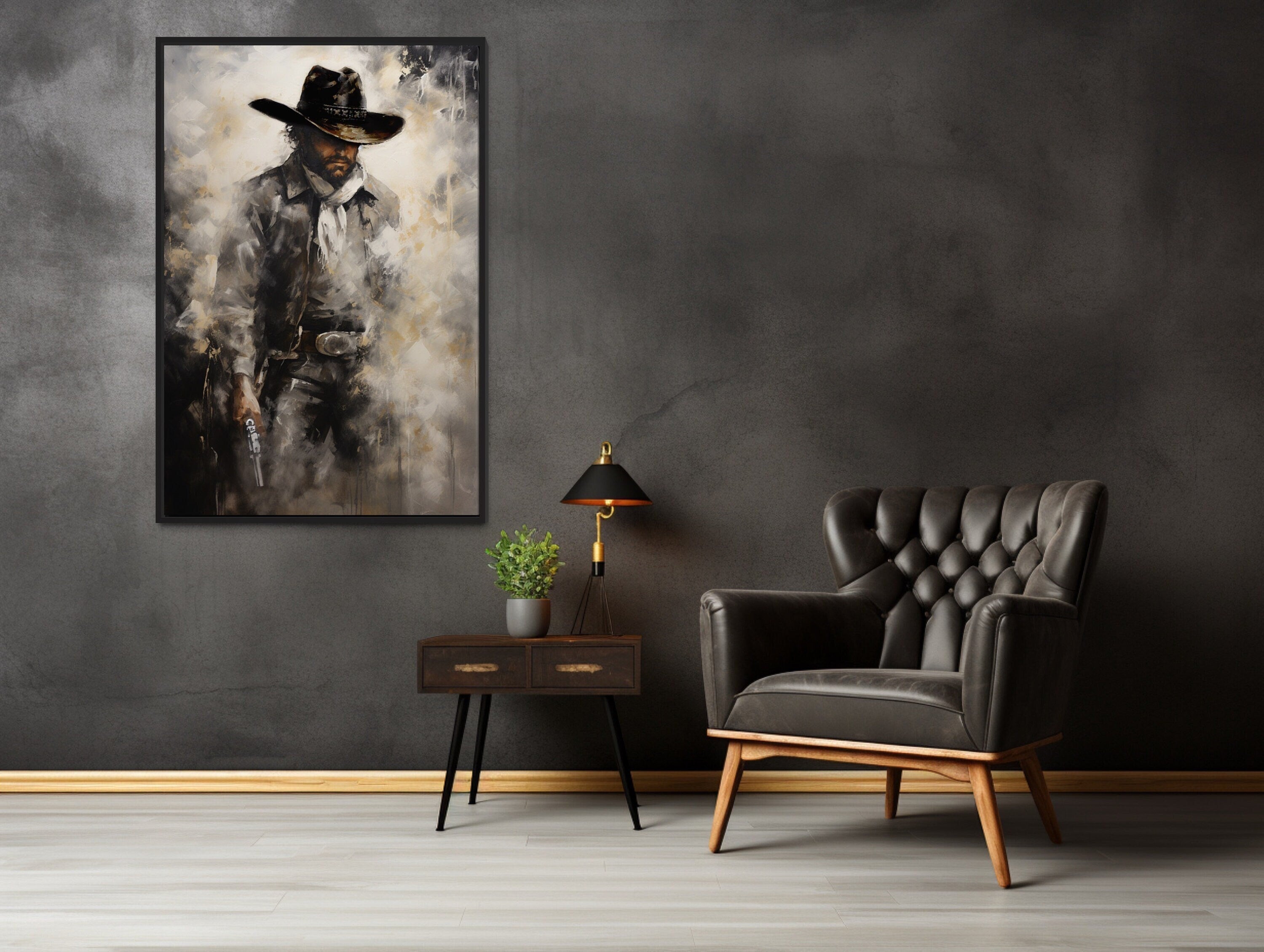 Cowboy With Gun Painting Framed Canvas Wall Art - Western Decor For Men