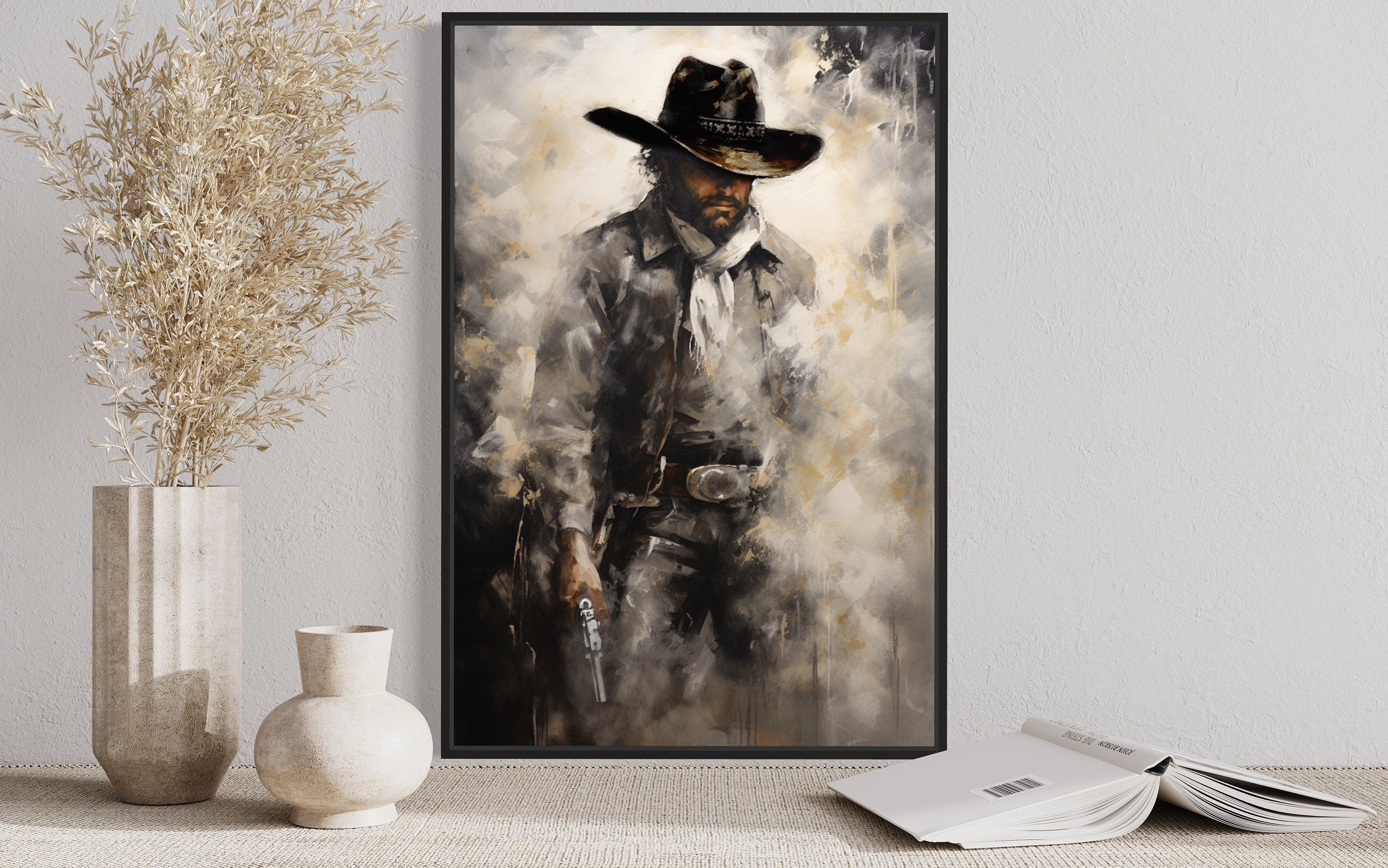 Cowboy With Gun Painting Framed Canvas Wall Art - Western Decor For Men