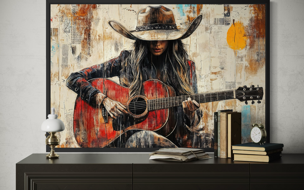 Cowgirl Playing Guitar Framed Canvas Wall Art