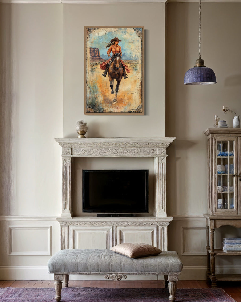 Cowgirl Riding A Horse In Monument Valley Framed Canvas Wall Art